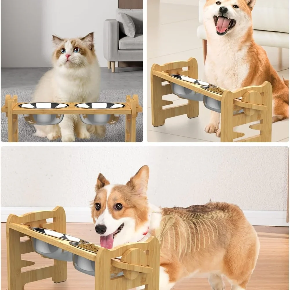 NEW Bamboo Adjustable Raised feeder with 2 Stainless Steel Bowls for Dog & cats